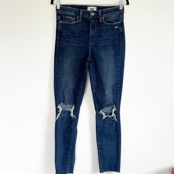 PAIGE Denim - PAIGE Margot Ultra Skinny Raw Hem Distressed Jeans Dark Wash Size 28